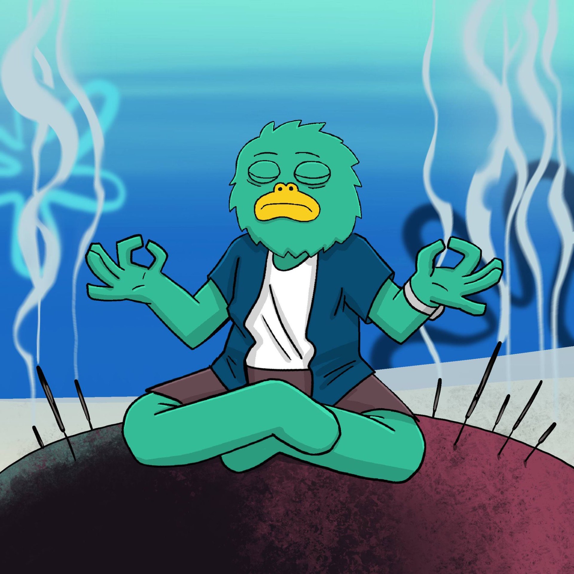 Yeti meditating in lotus pose with incense smoke