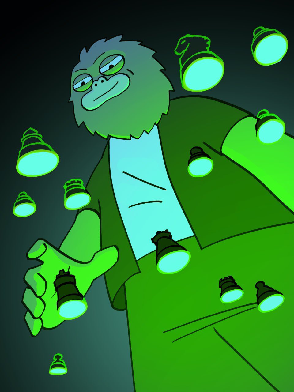 Yeti surrounded by floating glowing light bulbs