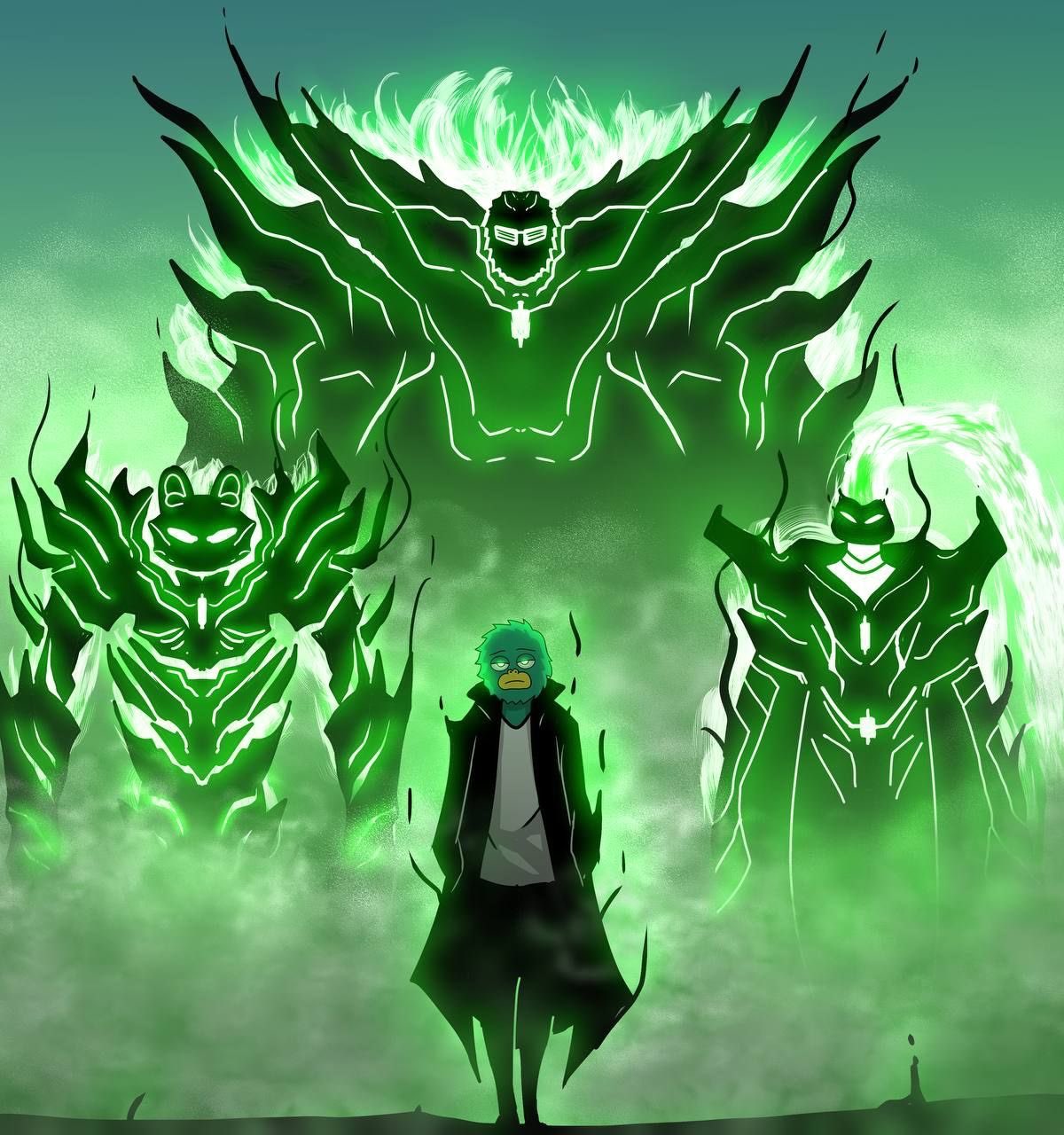 Yeti standing before towering glowing green spirits