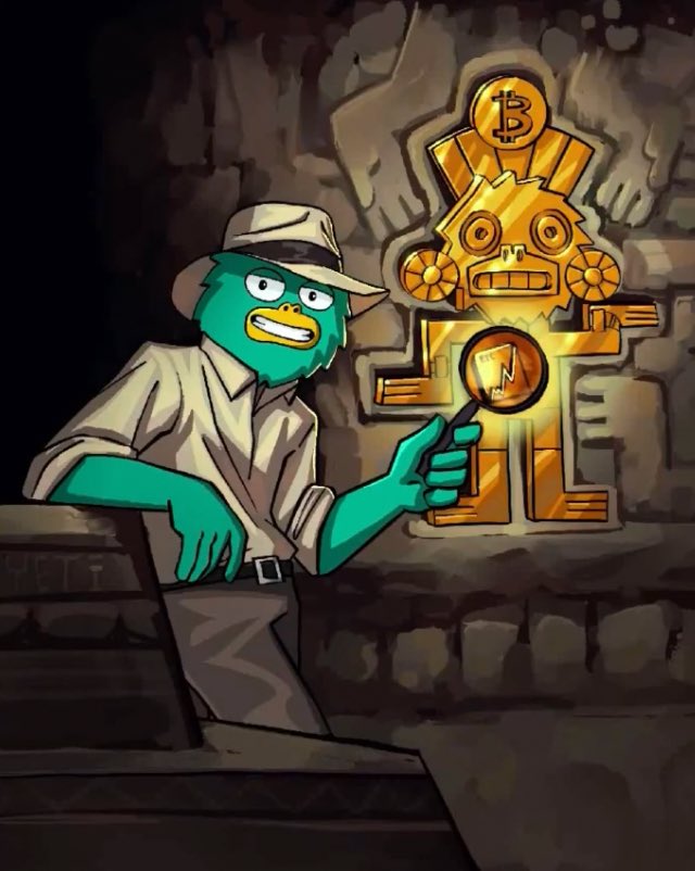 Explorer Yeti discovering a golden Bitcoin idol