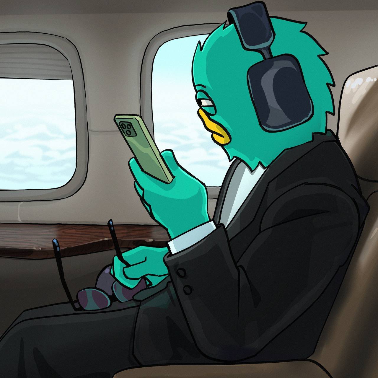 Yeti in a suit checking his phone on a private jet