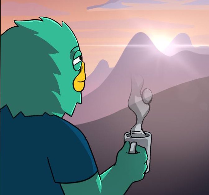 Yeti watching a mountain sunrise with coffee