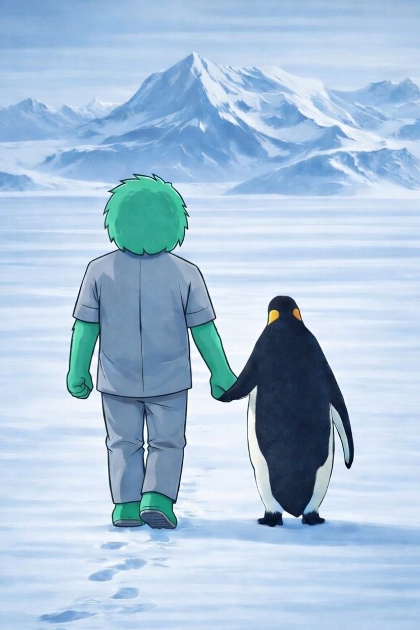Yeti walking on the ice holding hands with a penguin