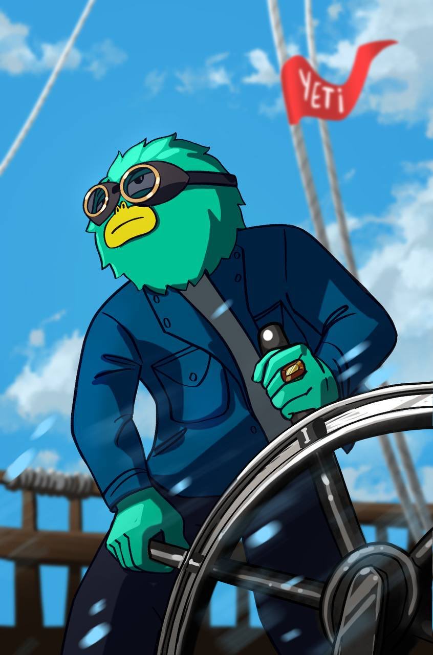 Captain Yeti steering a ship under a YETI flag