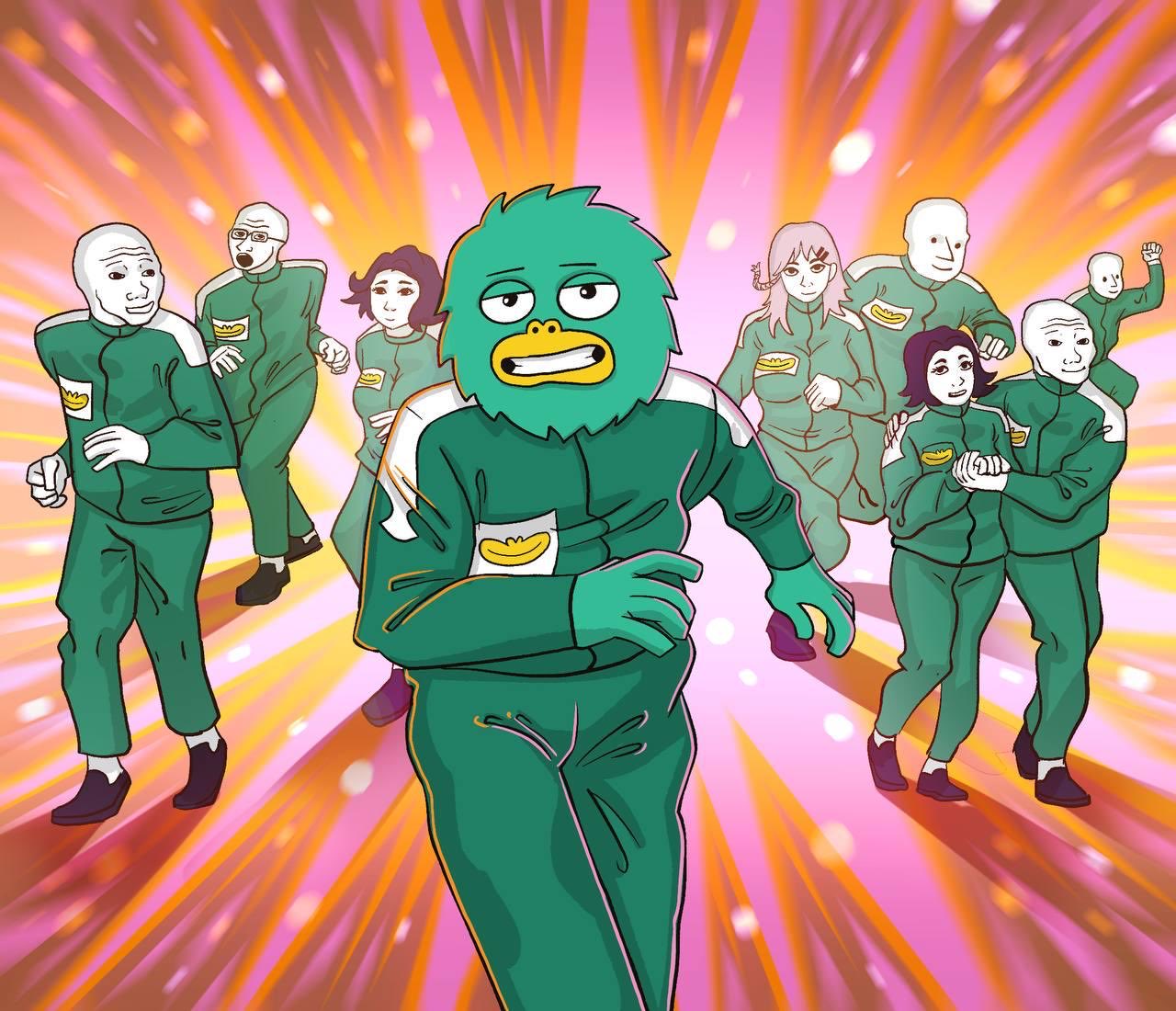Yeti leading a crowd in green tracksuits