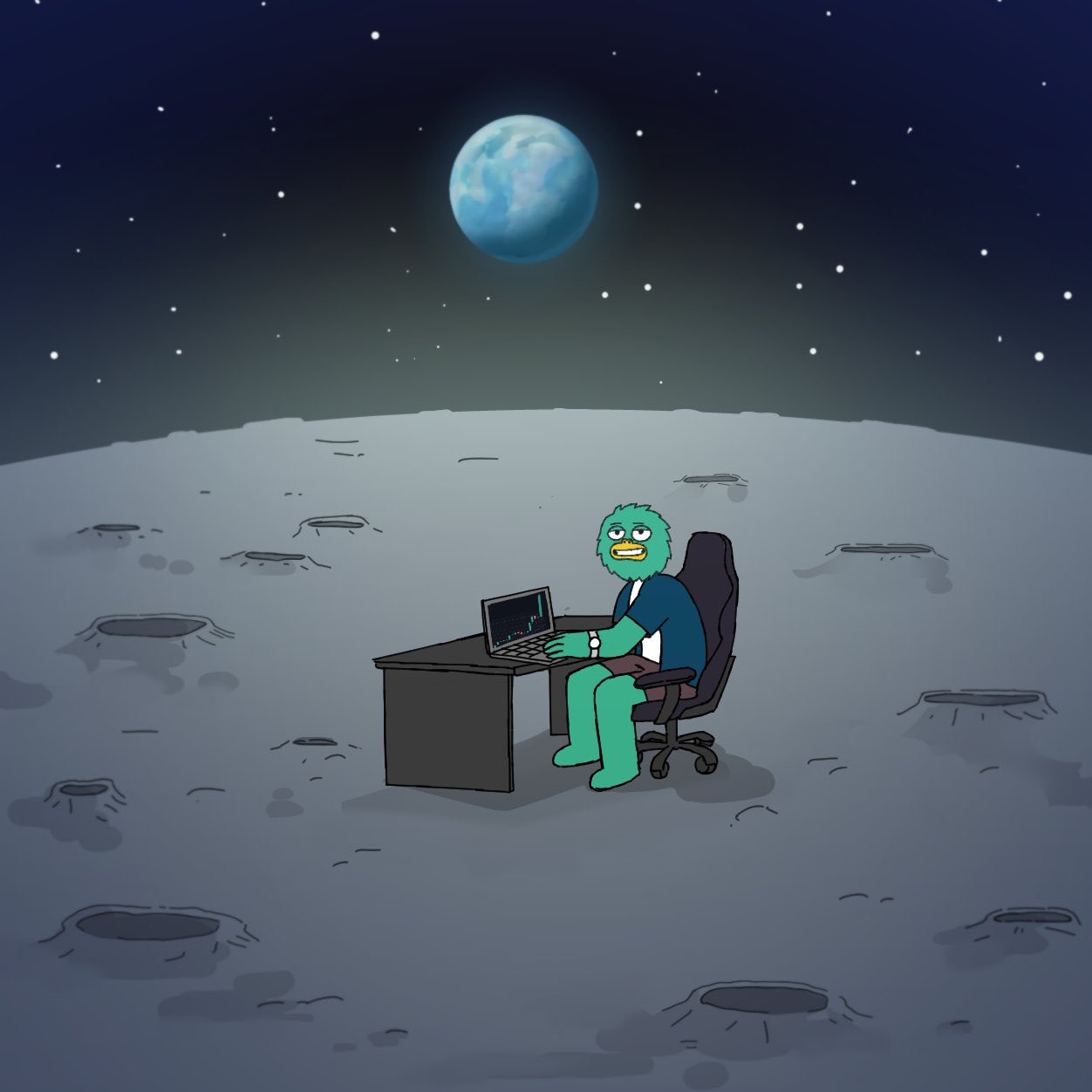 Yeti trading at a desk on the moon