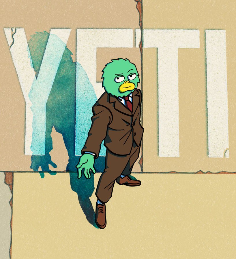 Yeti in a brown suit strolling past a giant YETI wall