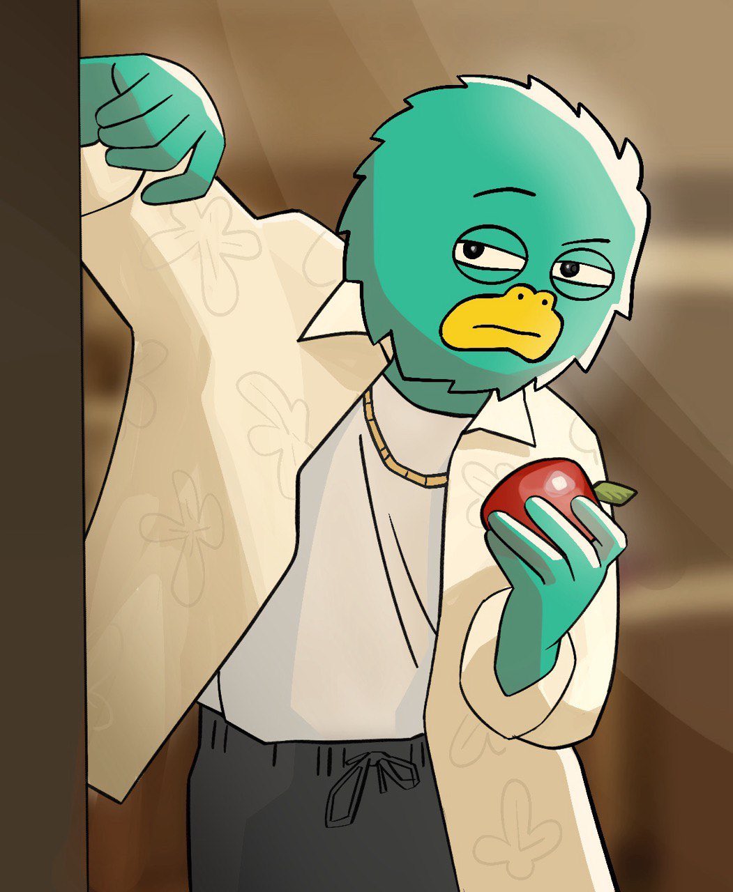 Yeti in a linen shirt holding an apple