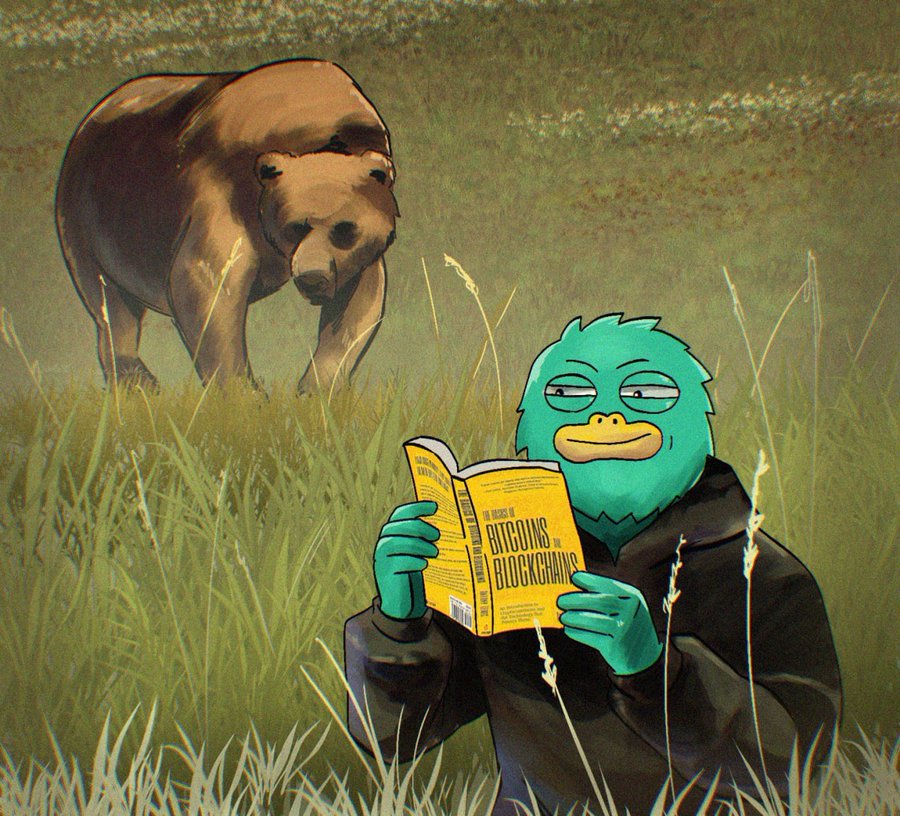 Yeti reading a Bitcoin book while a bear approaches