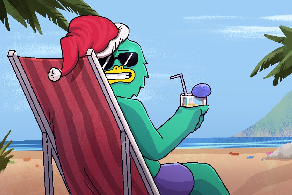 Yeti in a santa hat relaxing on a beach chair