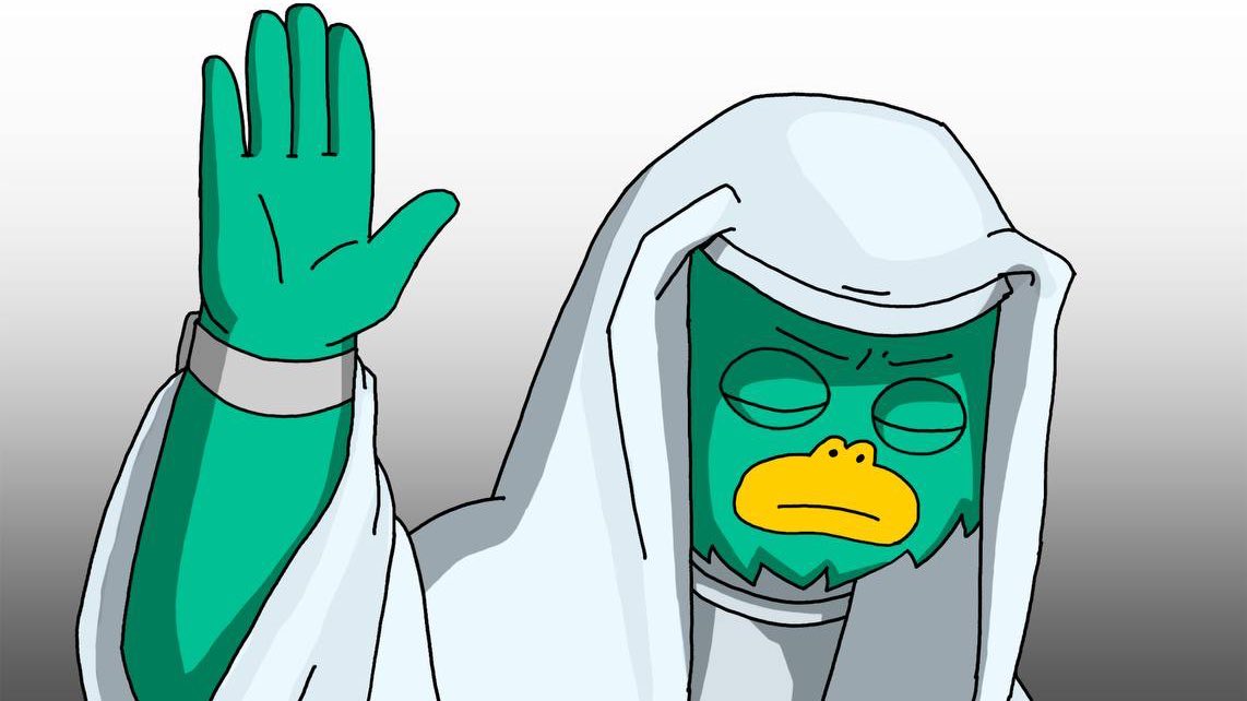 Yeti in white robes raising a hand in greeting