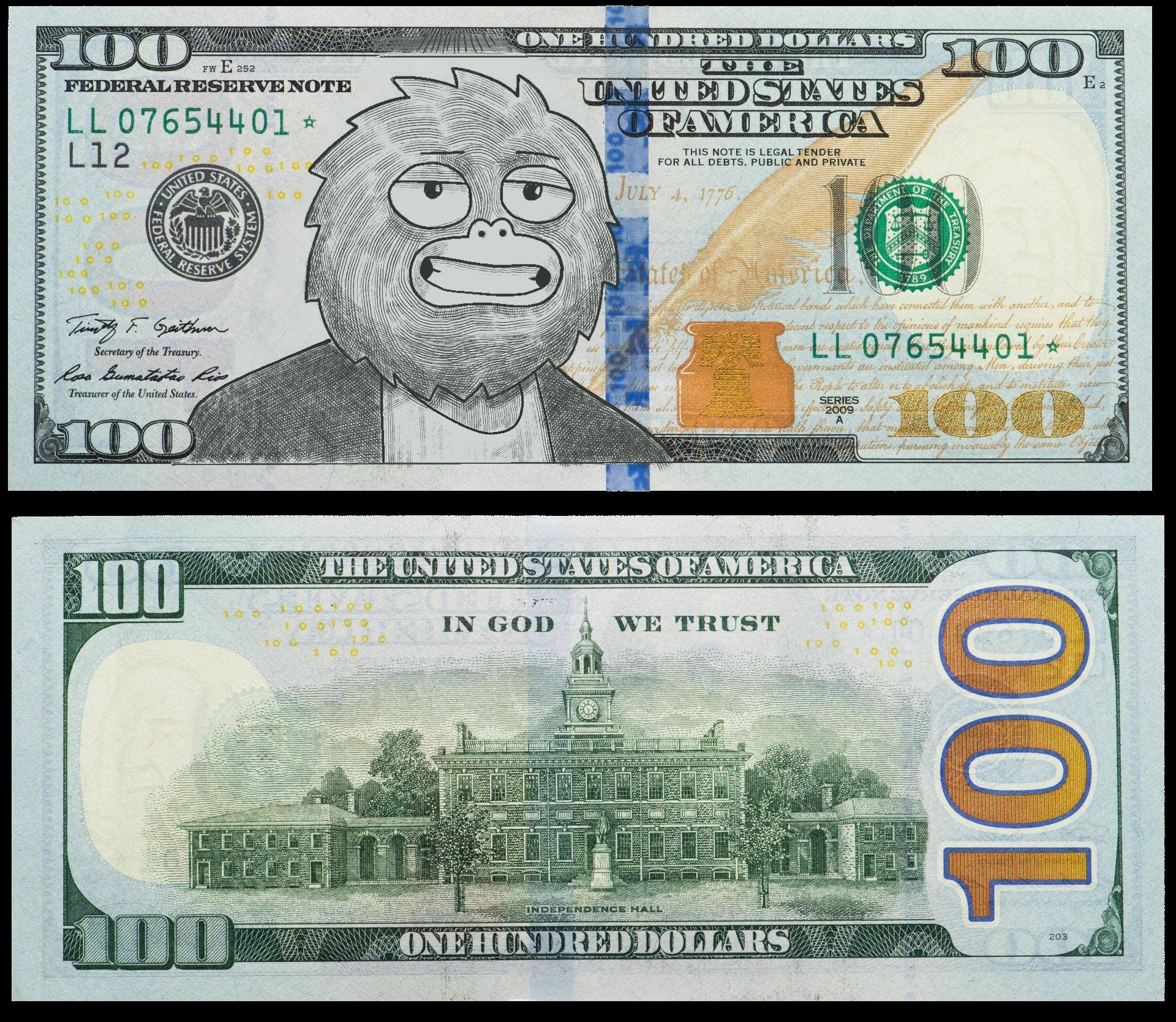 Yeti printed on a hundred dollar bill