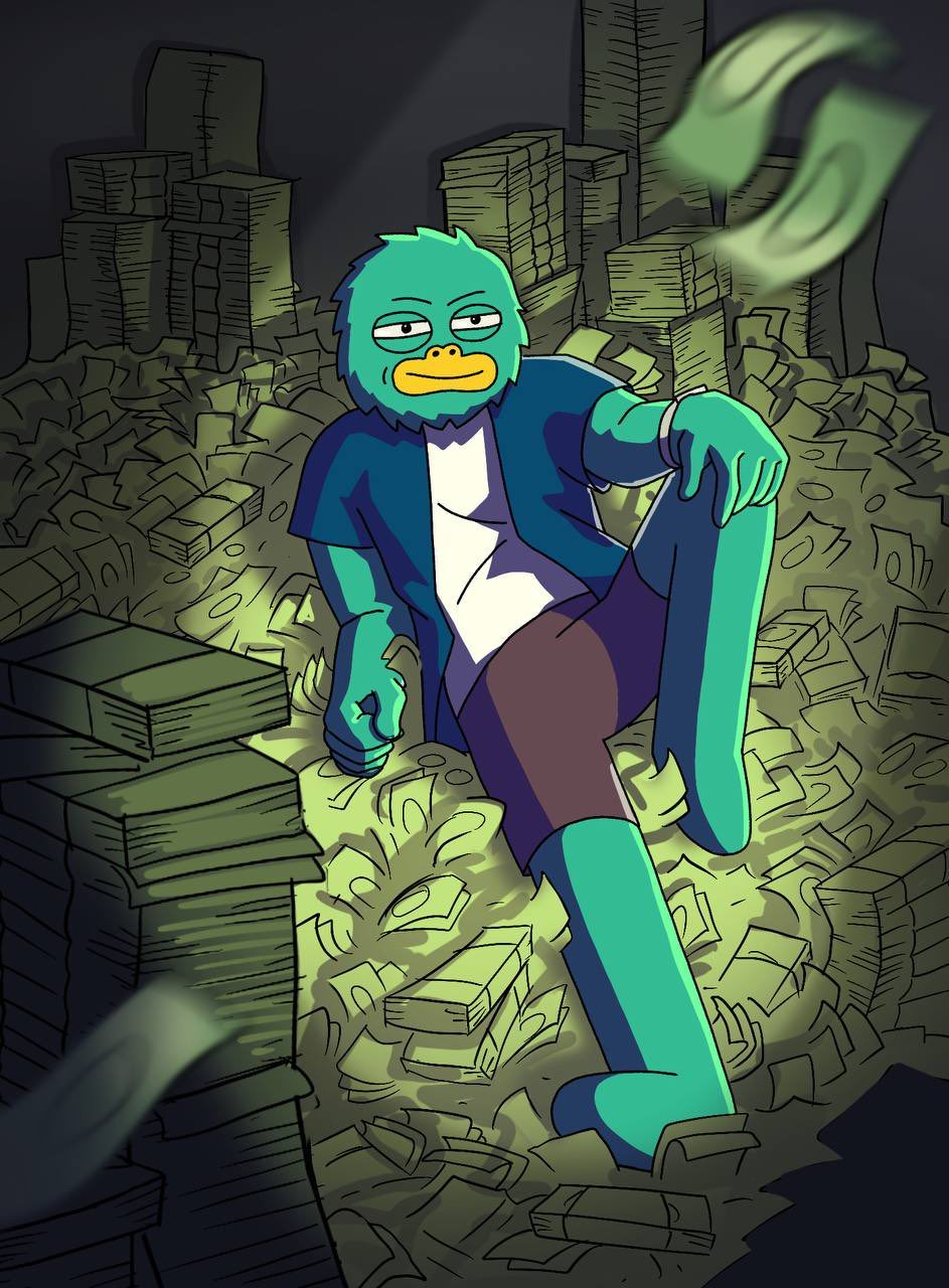 Yeti lounging on a mountain of cash