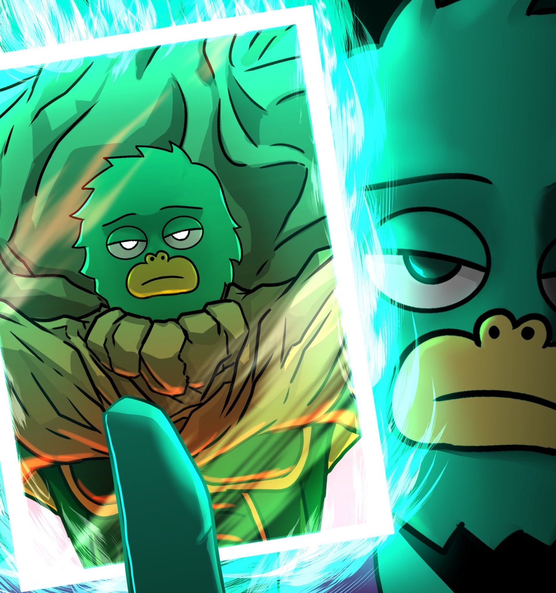Yeti admiring a glowing card of his armored self