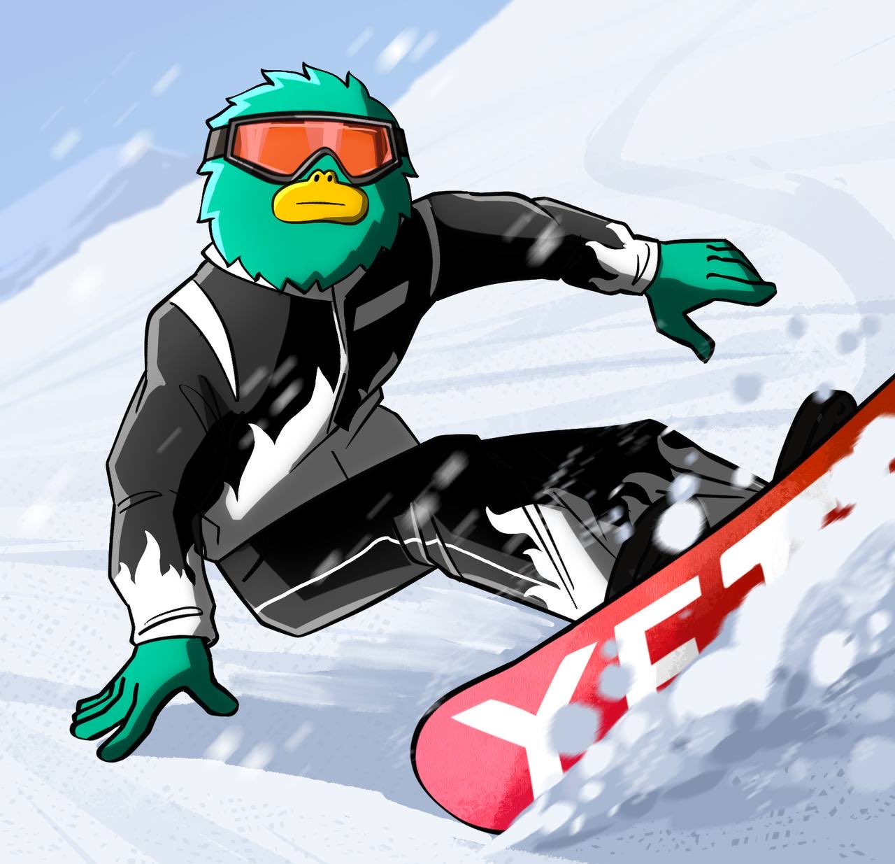Yeti snowboarding on a YETI board
