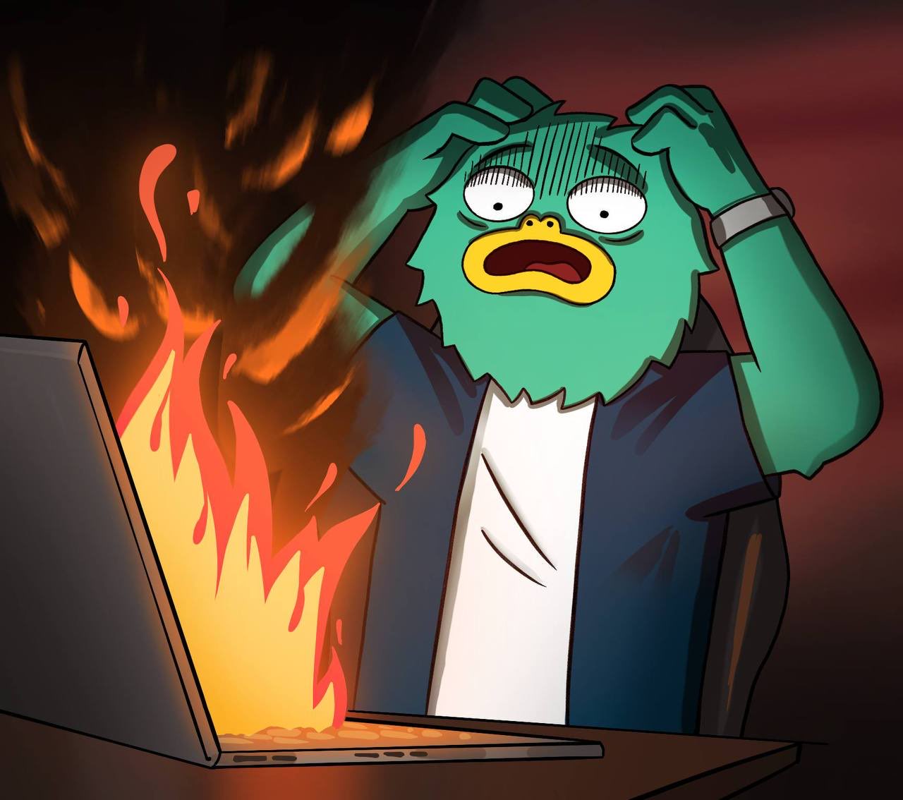 Panicked Yeti with a laptop on fire